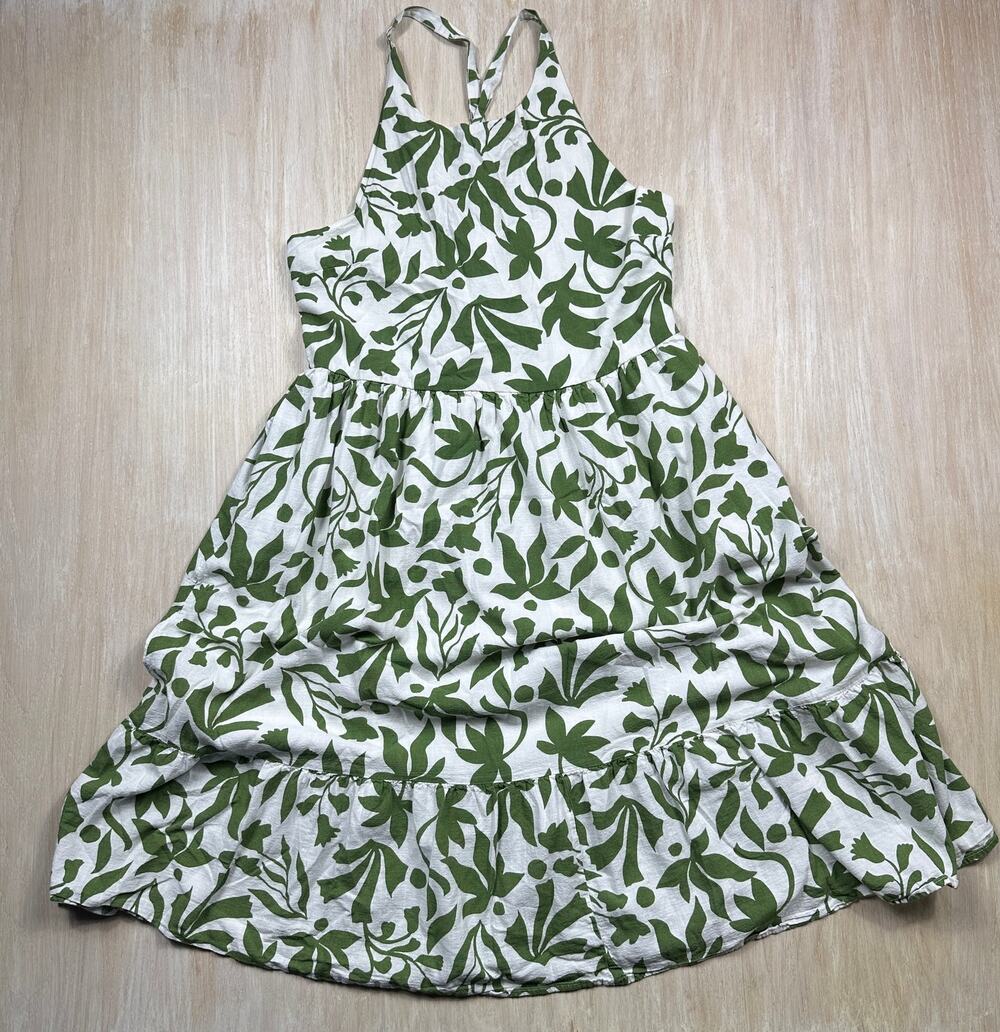 Time and Tru Green White Botanical Floral Tie Back Tiered Lined Maxi Dress XL